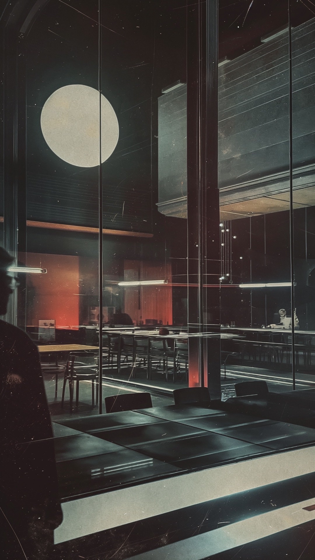 Modernist interior framed by glass and reflection, evoking early Argento giallo themes of voyeurism and misperception.