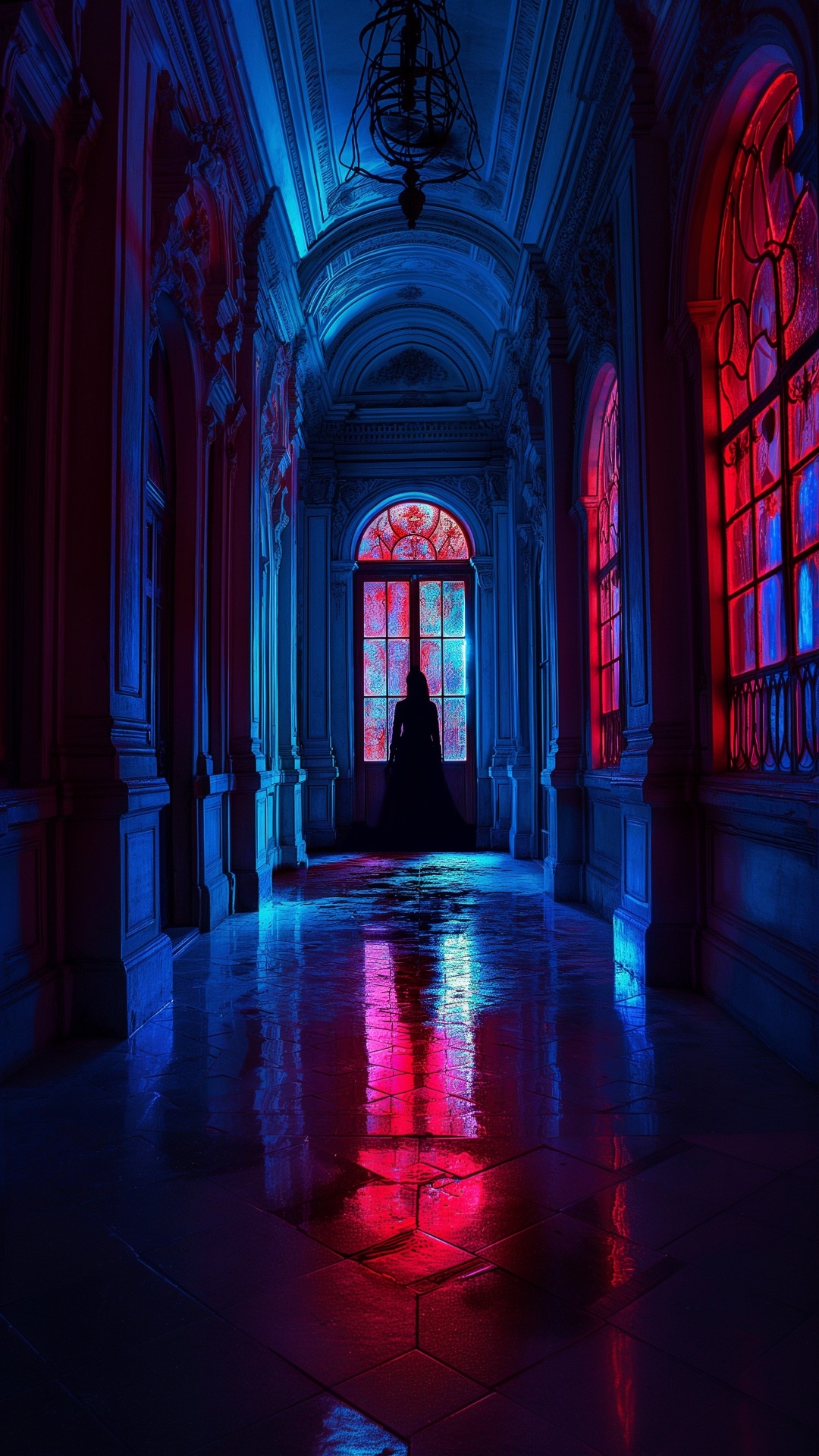 Ornate corridor flooded with saturated red and blue light, a distant silhouette framed by stained glass—Argento’s supernatural color nightmare.