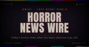 WLAI Late-Night Desk: Horror News Wire title card styled like a UHF broadcast screen