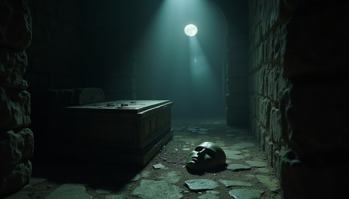 A moonlit gothic crypt with a cracked stone sarcophagus and an old bronze mask lying face-down on the floor