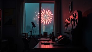 A reel-to-reel tape recorder on a cluttered desk with fireworks bursting outside the window