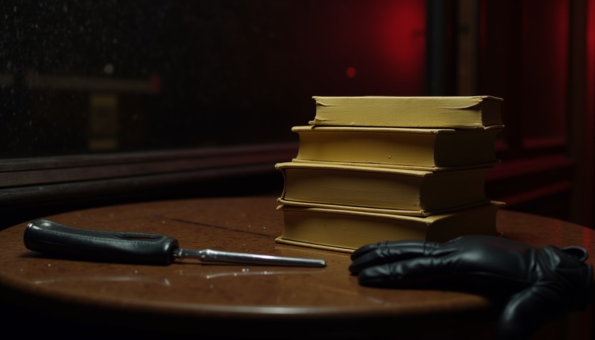 A stack of yellow paperback mysteries beside a black leather glove on a café table at night with red neon reflections