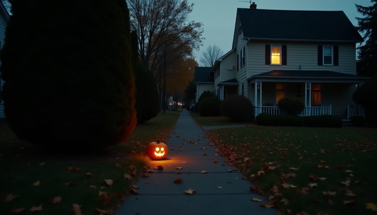 A quiet autumn suburban street at dusk with a glowing jack-o'-lantern and shadowy hedges