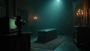 An empty gothic crypt set in an old TV studio with a coffin, candelabra and vintage camera