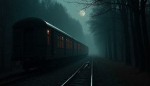 A night train halted beside foggy English woods with a scrap of parchment blowing in the wind