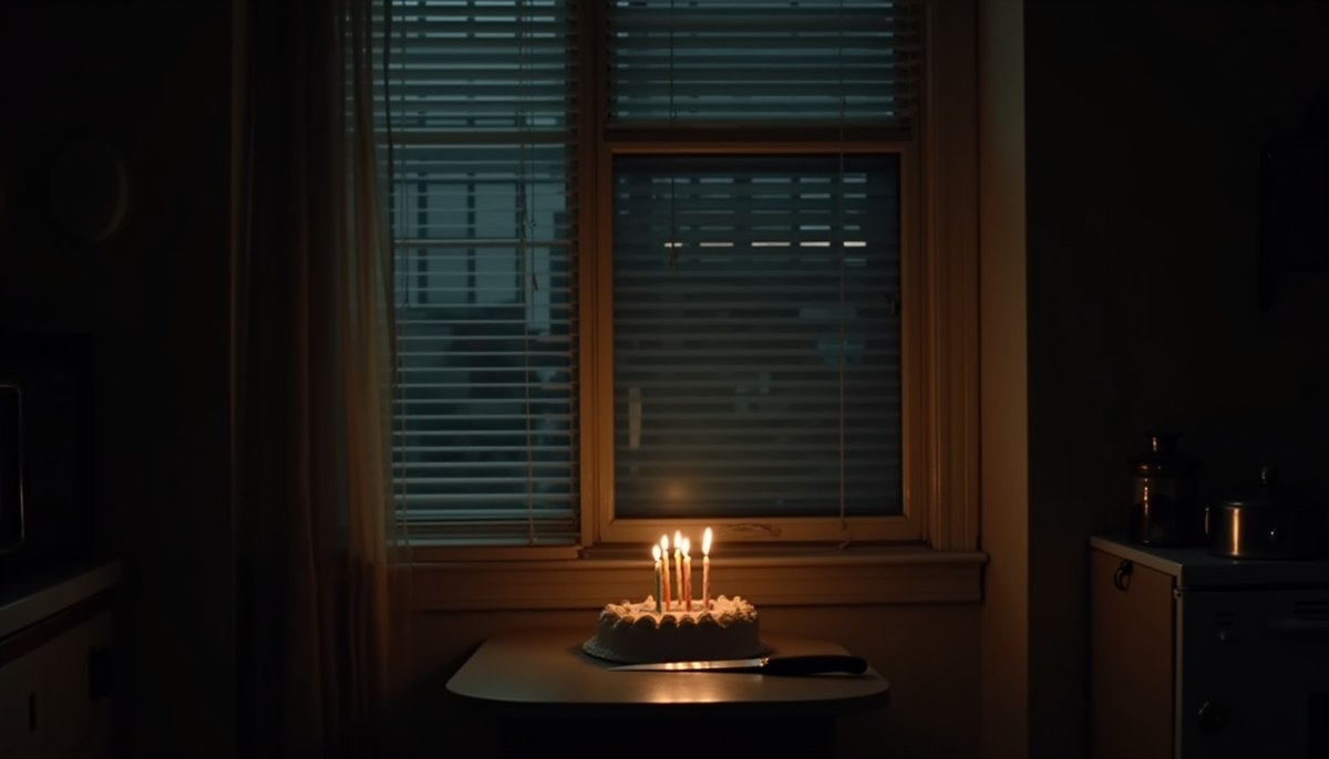 A seventies apartment window at night with a lit birthday cake and a knife on the counter, seen from across the street