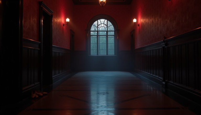 An ornate ballet academy hallway lit in saturated red and blue with abandoned ballet slippers