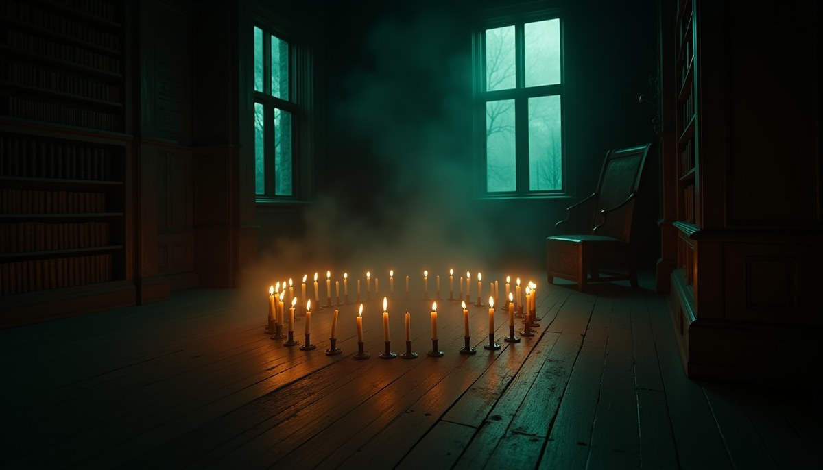A chalk protective circle with candles on a library floor in a storm-lit English country house