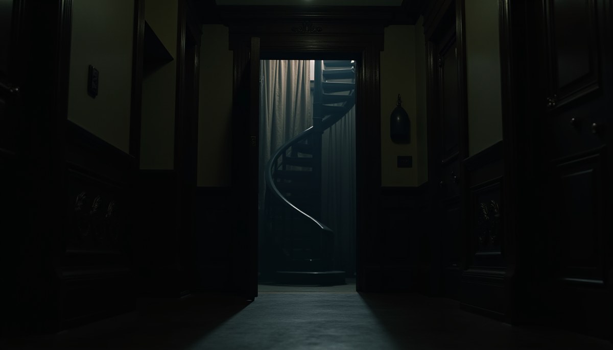 An ornate carved door in a dark Victorian mansion hallway, bowed outward as if pushed from behind