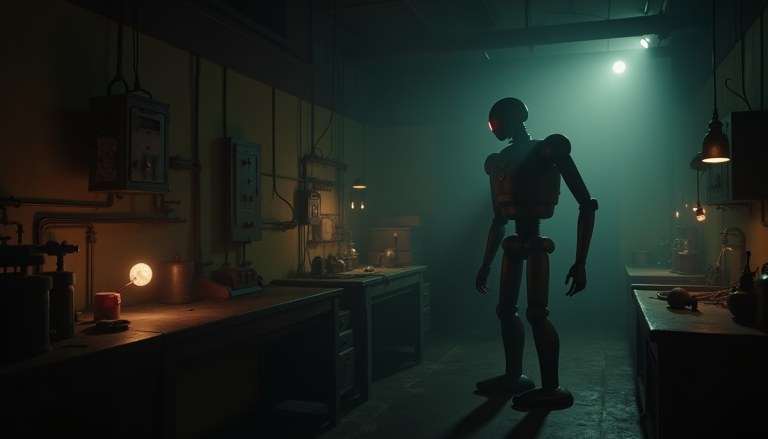 A 1930s mad scientist lab with crackling equipment, a glowing meteorite and a robot silhouette